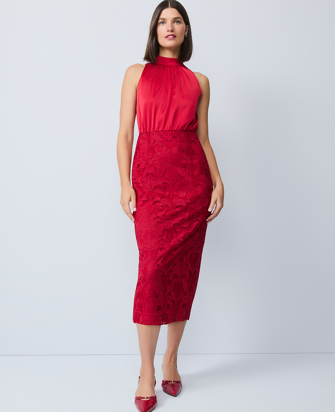 Petite Mixed Media Halter Sheath Dress