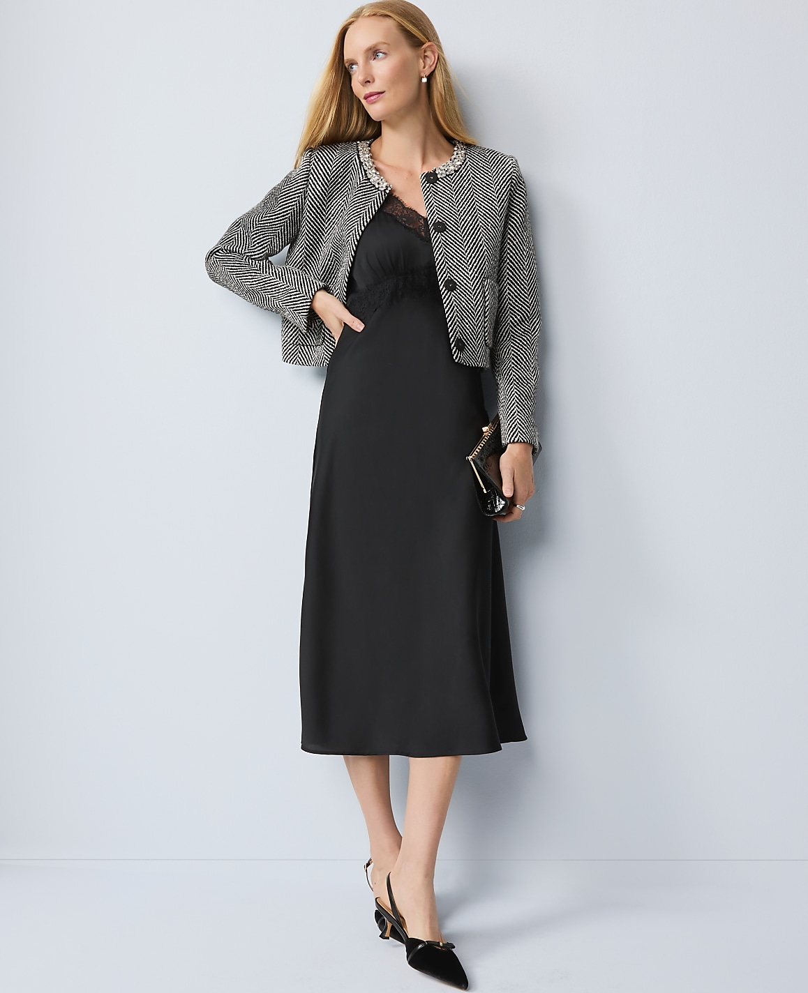 Petite Embellished Herringbone Cropped Jacket