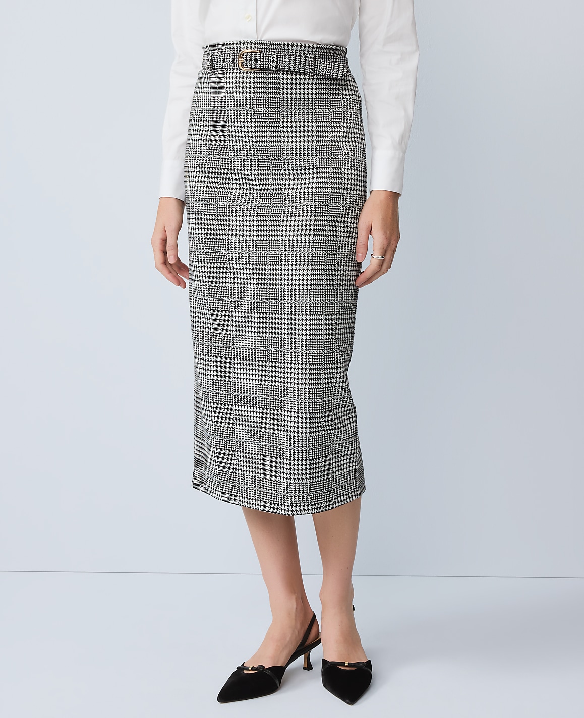 Petite Plaid Belted Midi Pencil Skirt