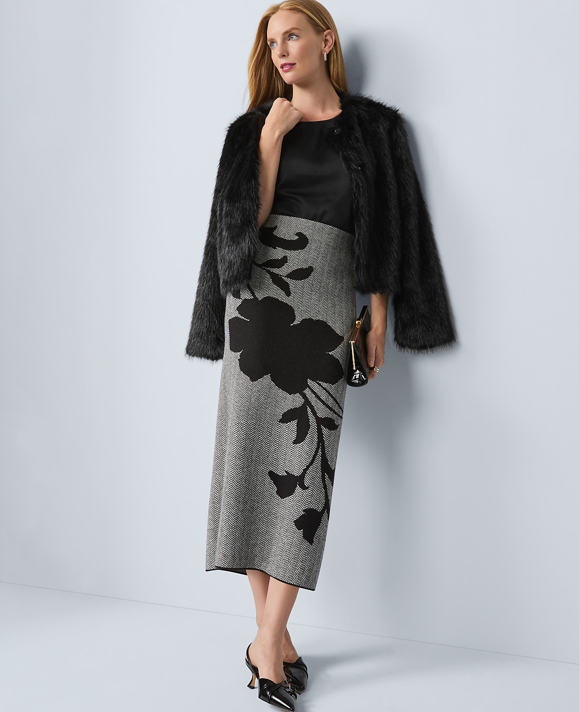 Herringbone Floral Jacquard Sweater Skirt