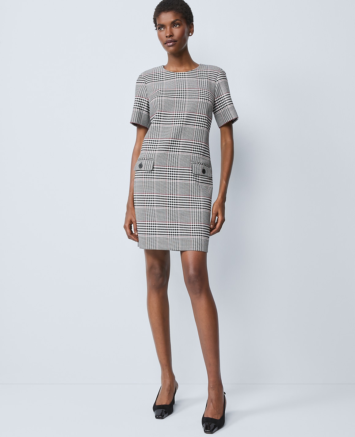 Plaid Button Pocket Shift Dress