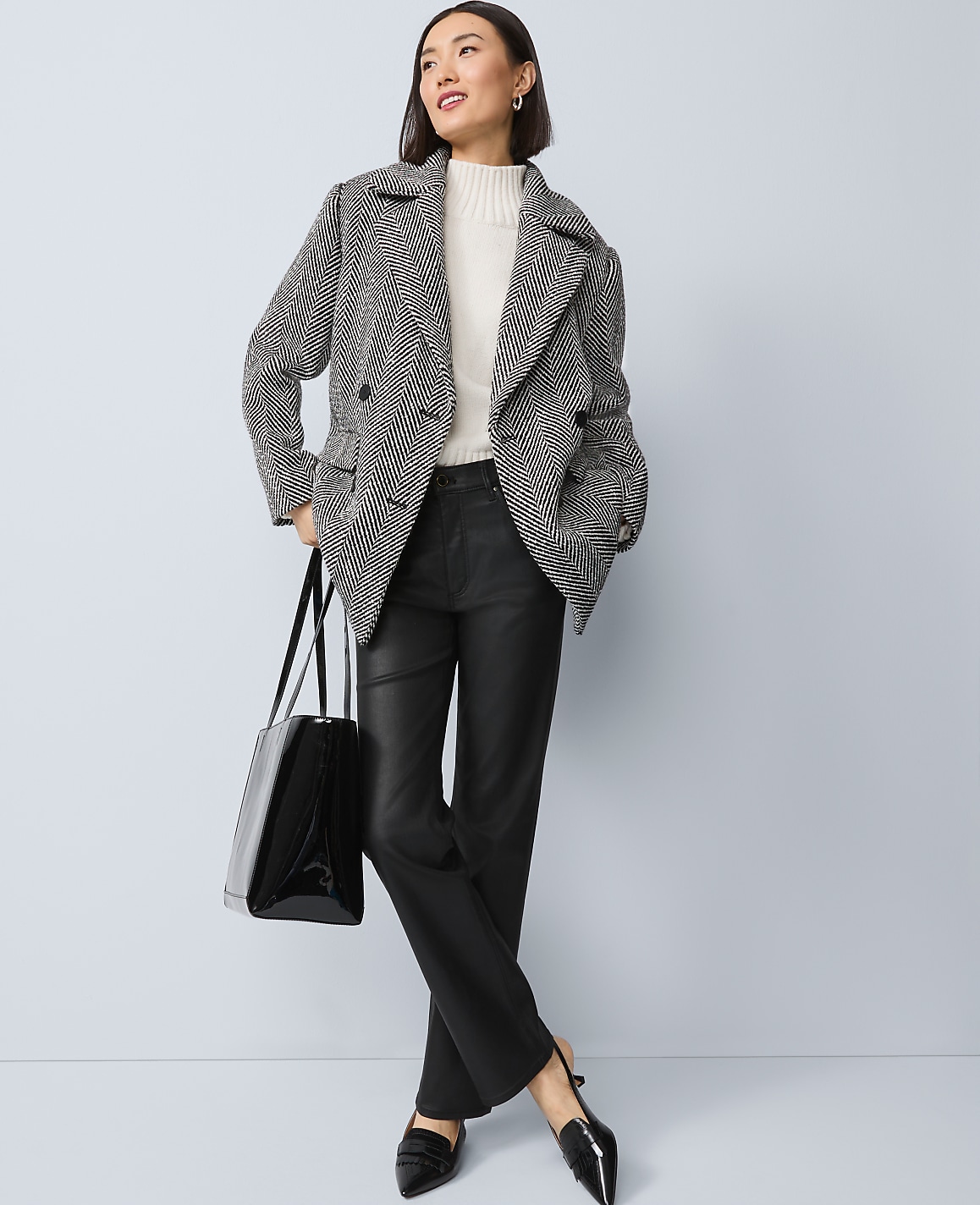 Petite Herringbone Double Breasted Peacoat
