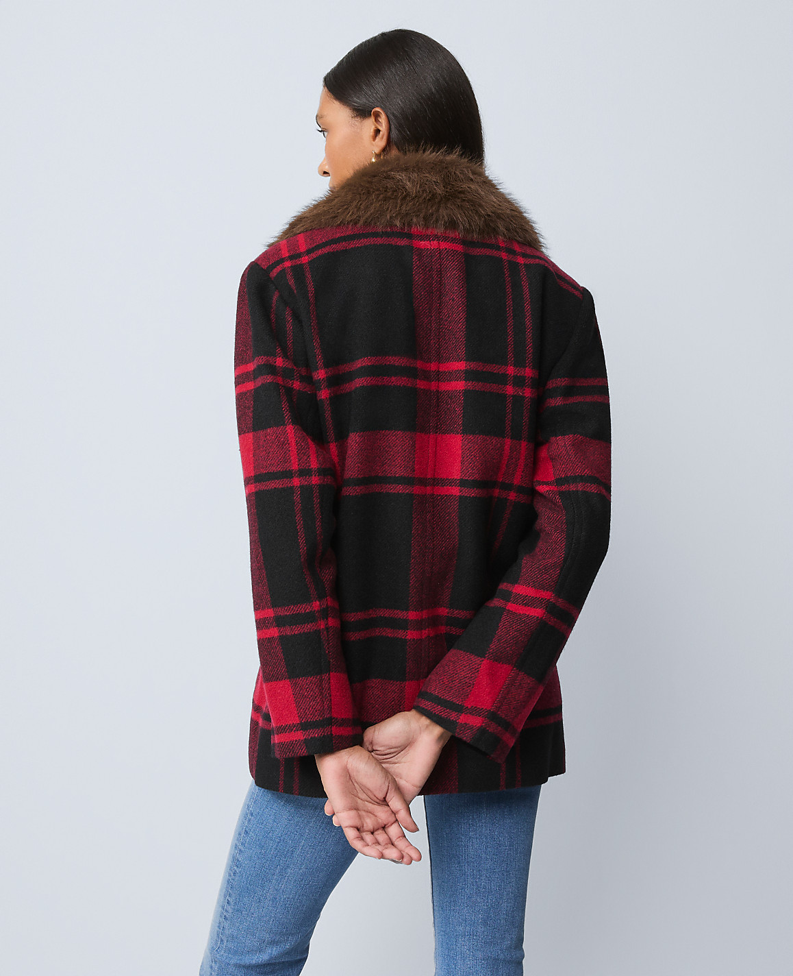 Petite Weekend Plaid Faux Fur Trimmed Peacoat