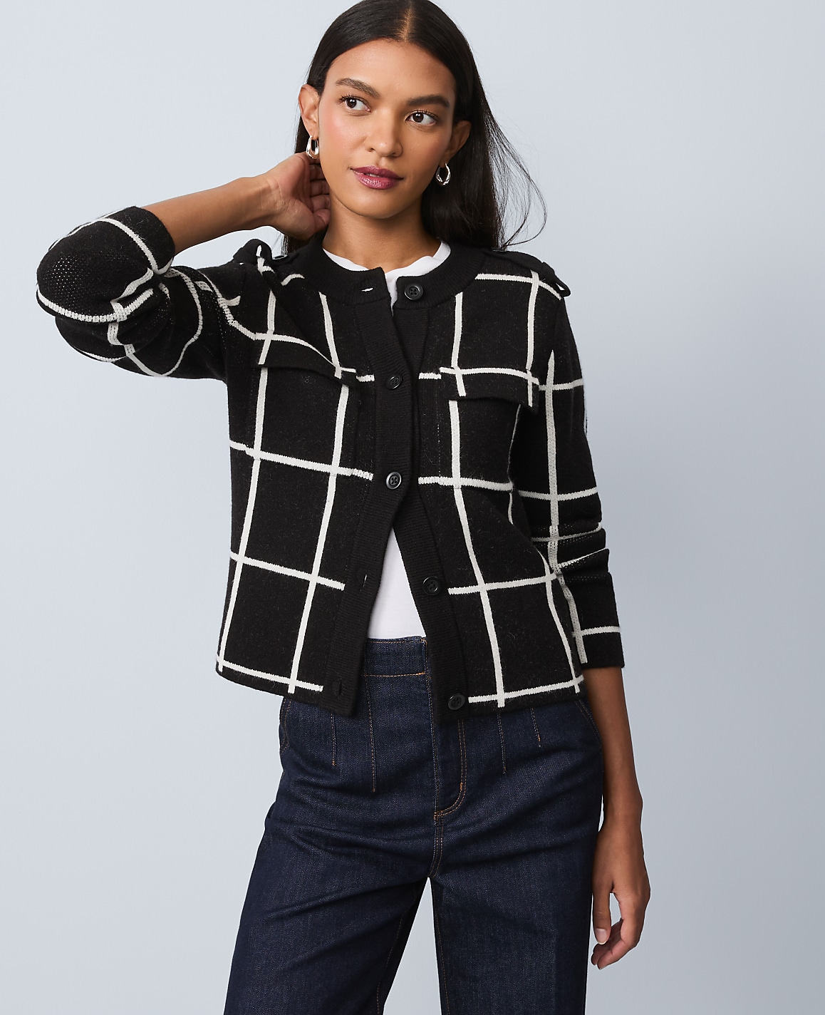 Petite Windowpane Utility Sweater Jacket