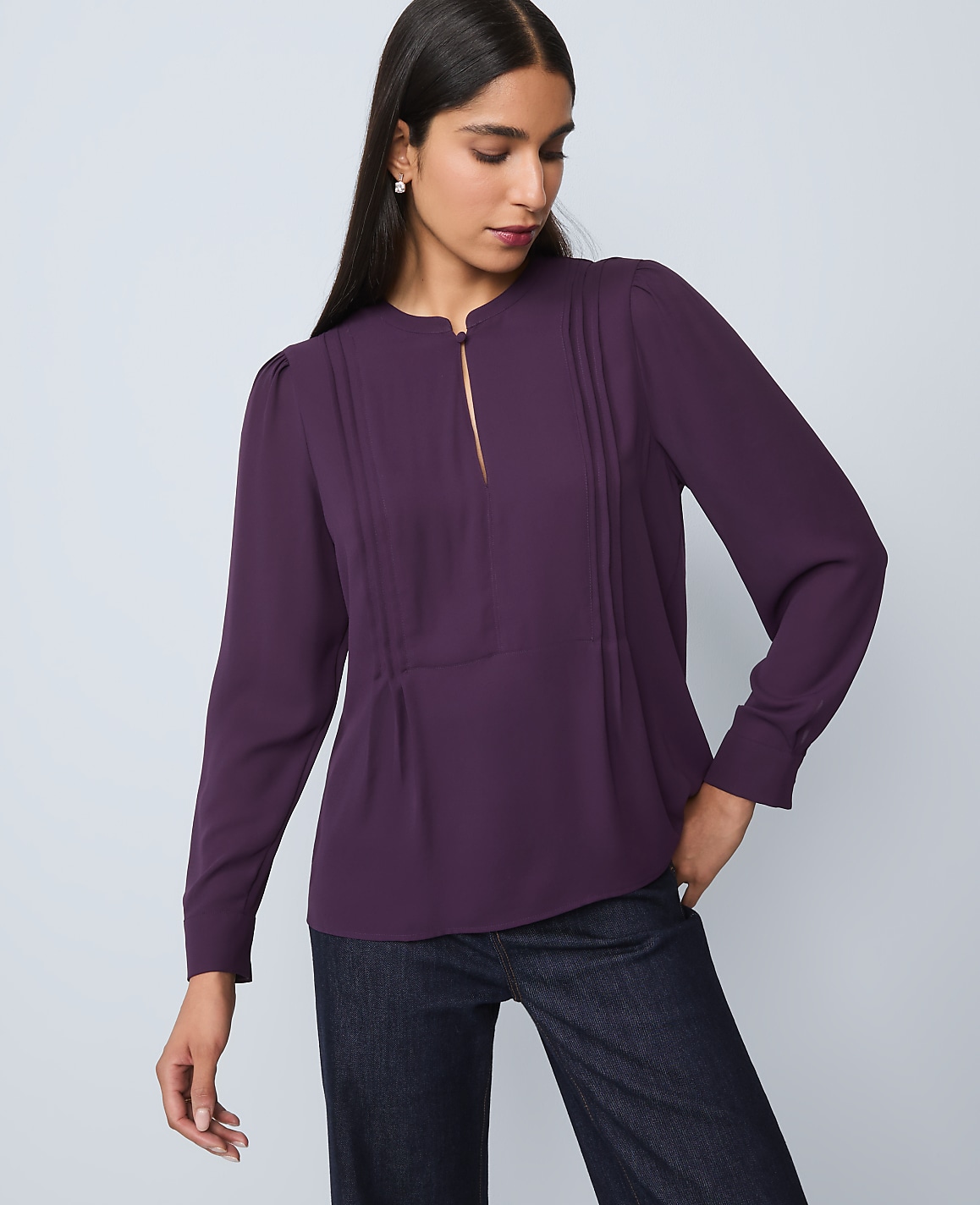 Petite Mixed Media Pintuck Top
