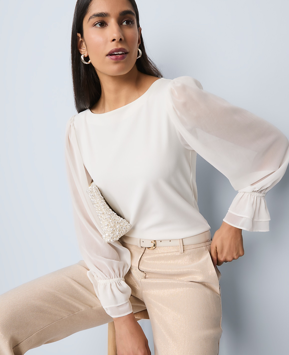 Mixed Media Pleated Sleeve Top
