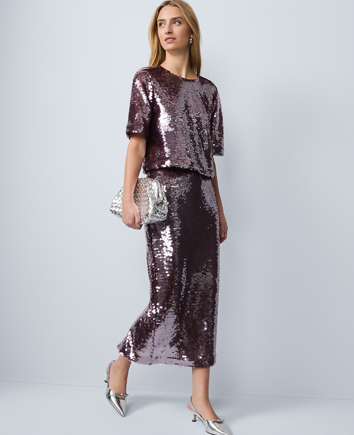 Petite Sequin Crew Neck Blouse