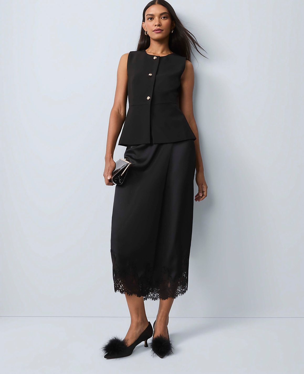 Petite Satin Lace Hem Wrap Skirt