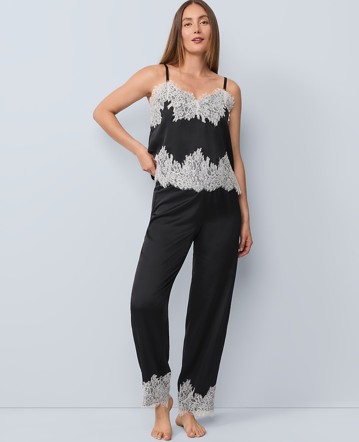 Lace Trim Satin Pajama Set
