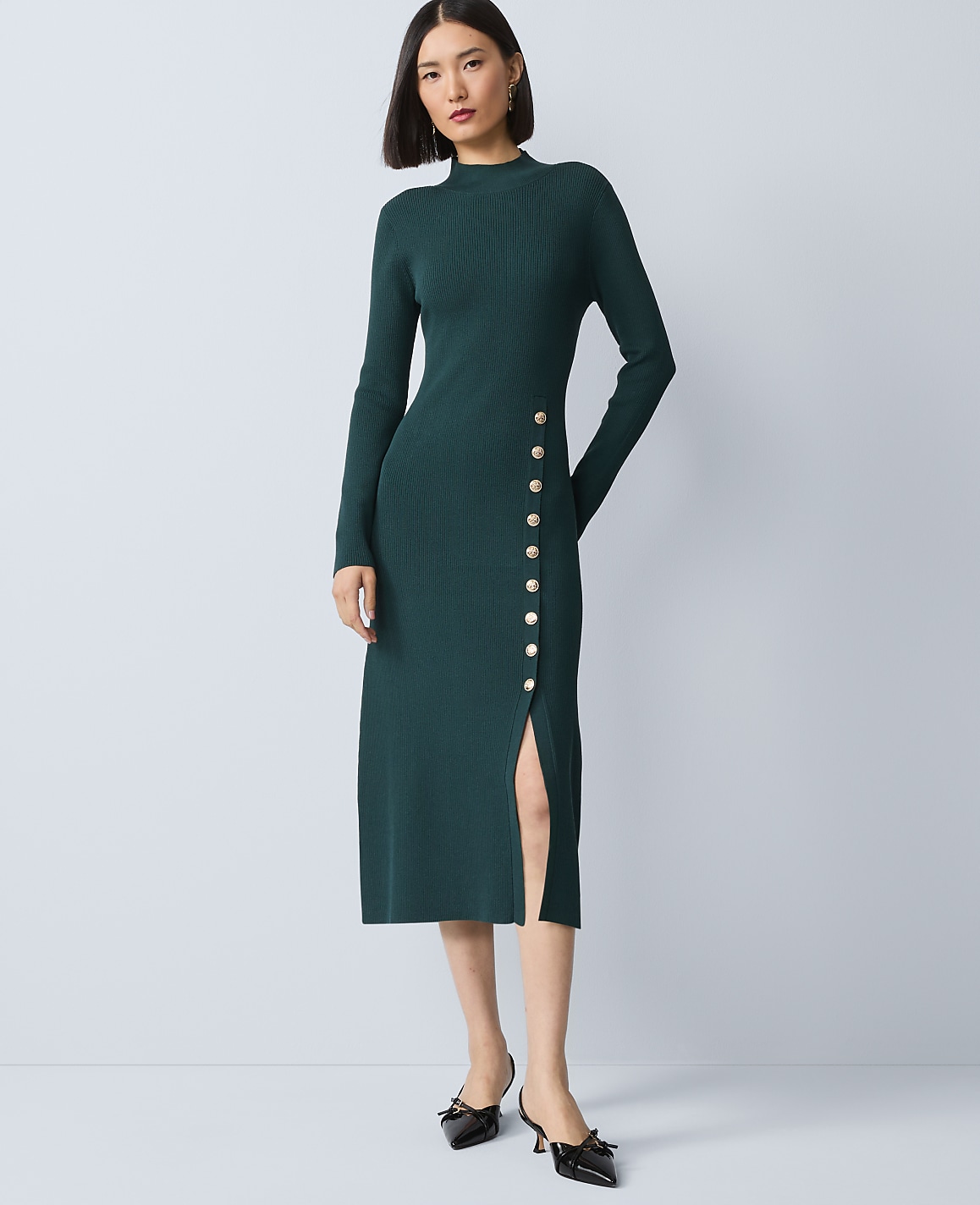 Petite Ribbed Button Sweater Dress