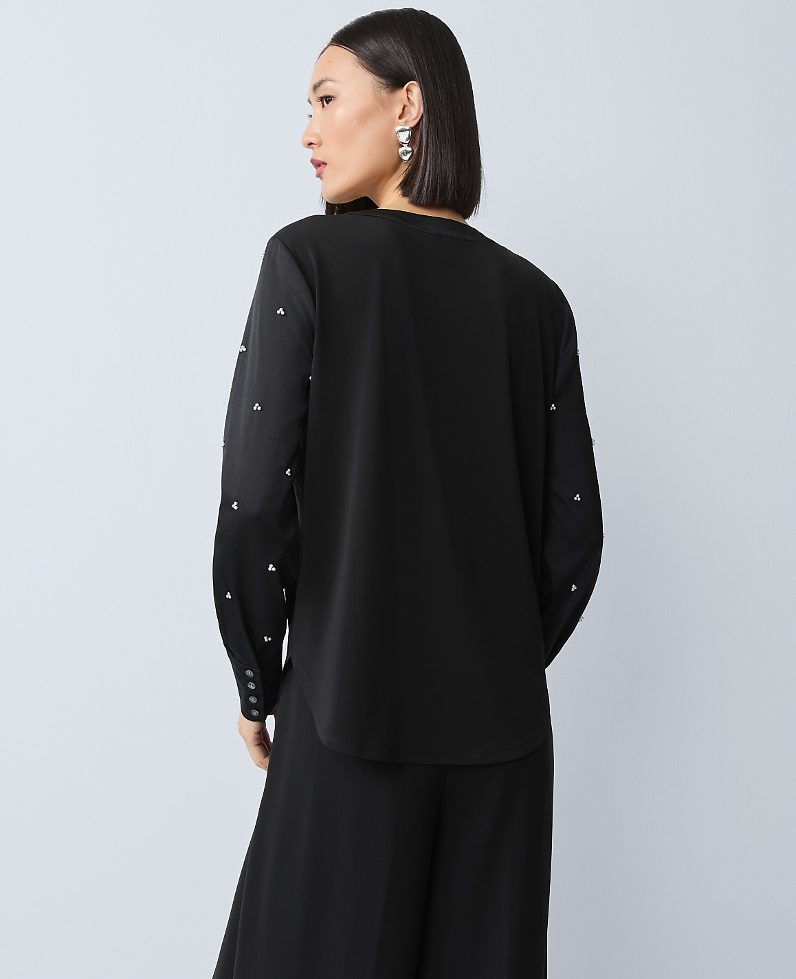 Petite Pearl Embellished Mixed Media Top