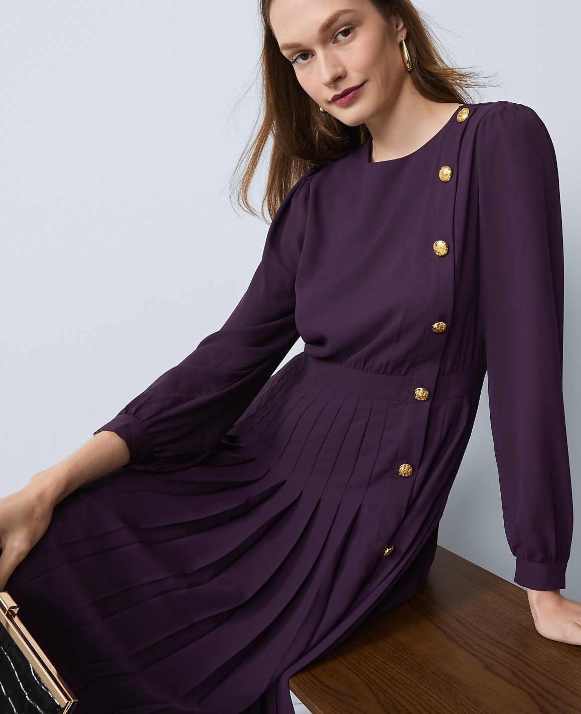 Petite Pleated Button Flare Midi Dress