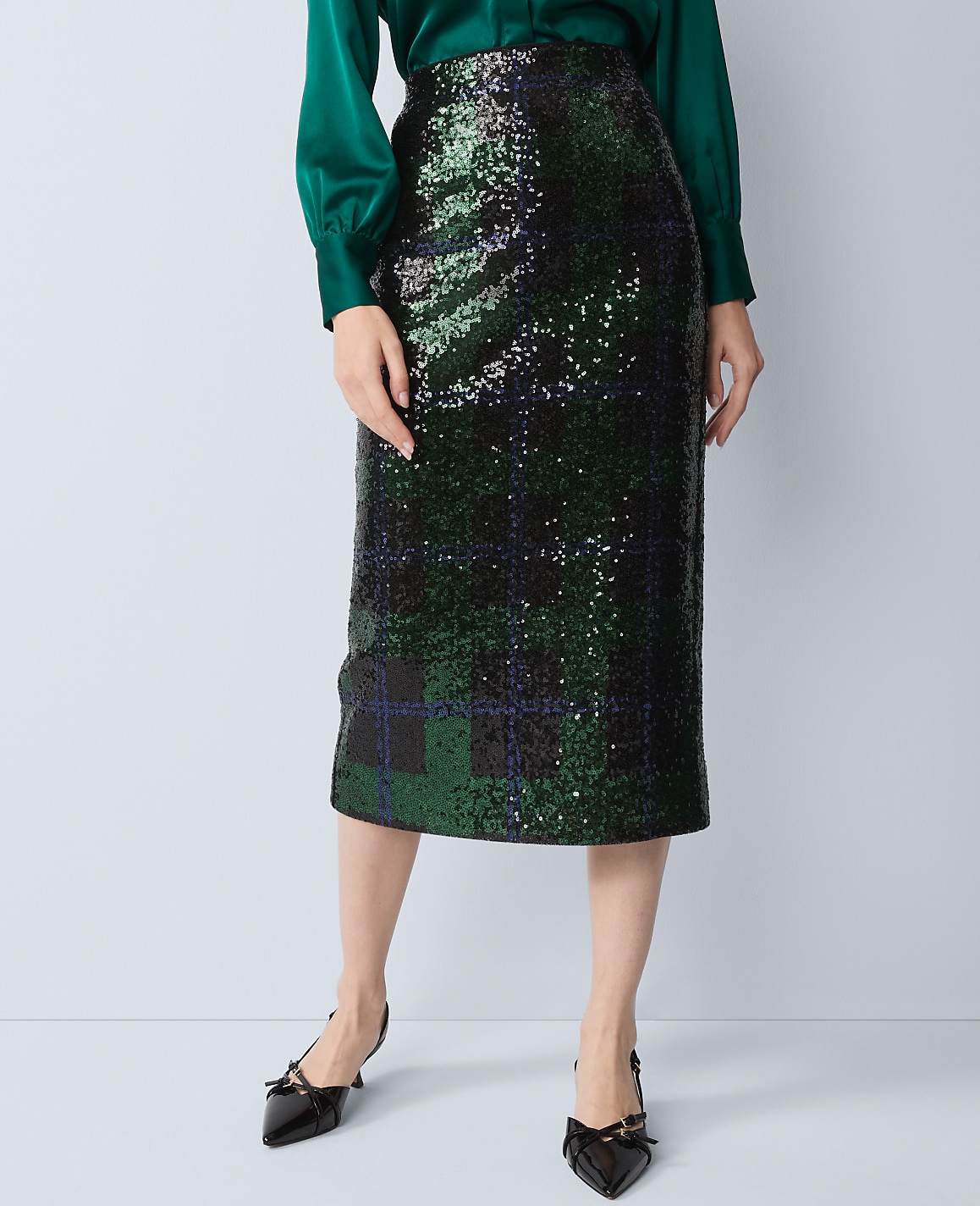 Sequin Plaid Column Midi Skirt