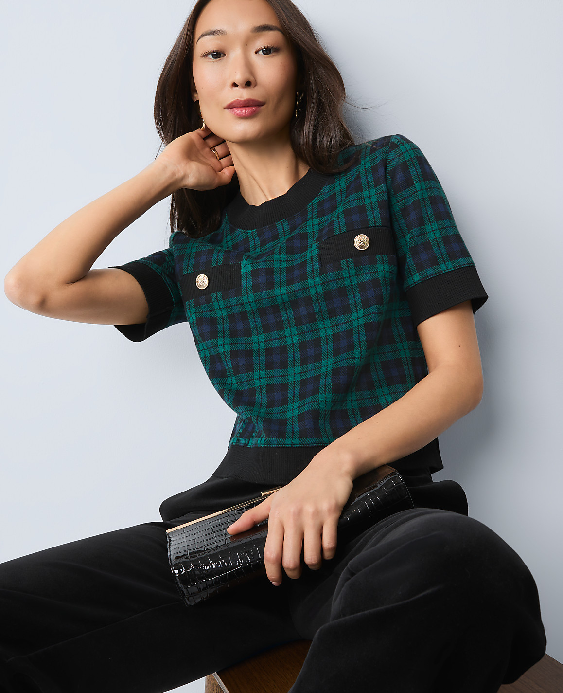 Petite Plaid Sweater Trim Top