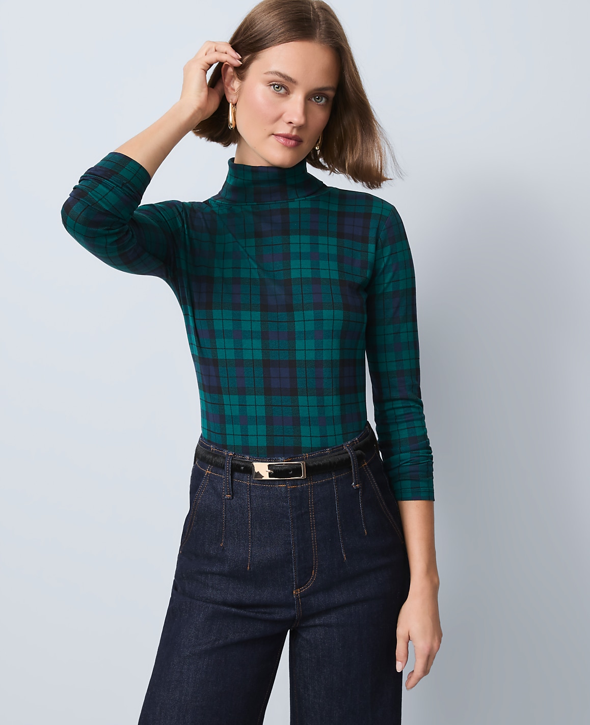Petite Plaid Turtleneck Top