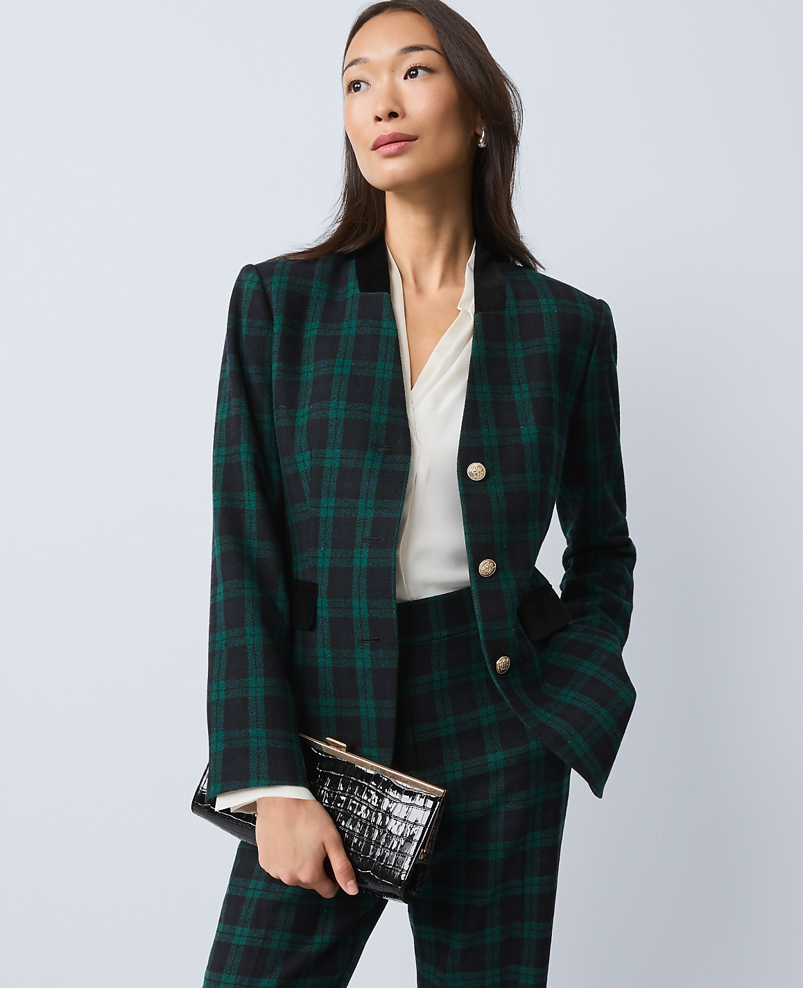 The Long Collarless Blazer in Plaid