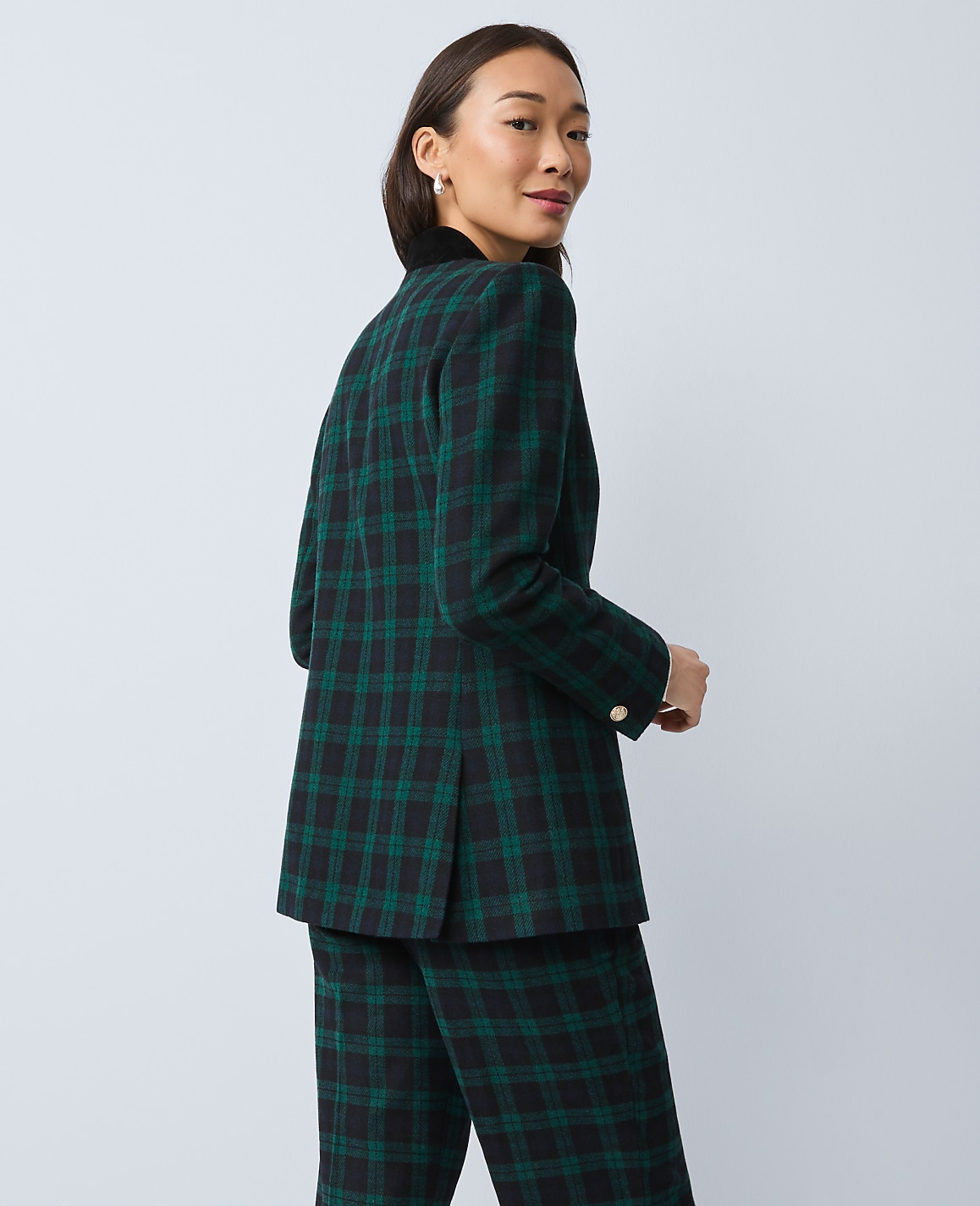 The Long Collarless Blazer in Plaid