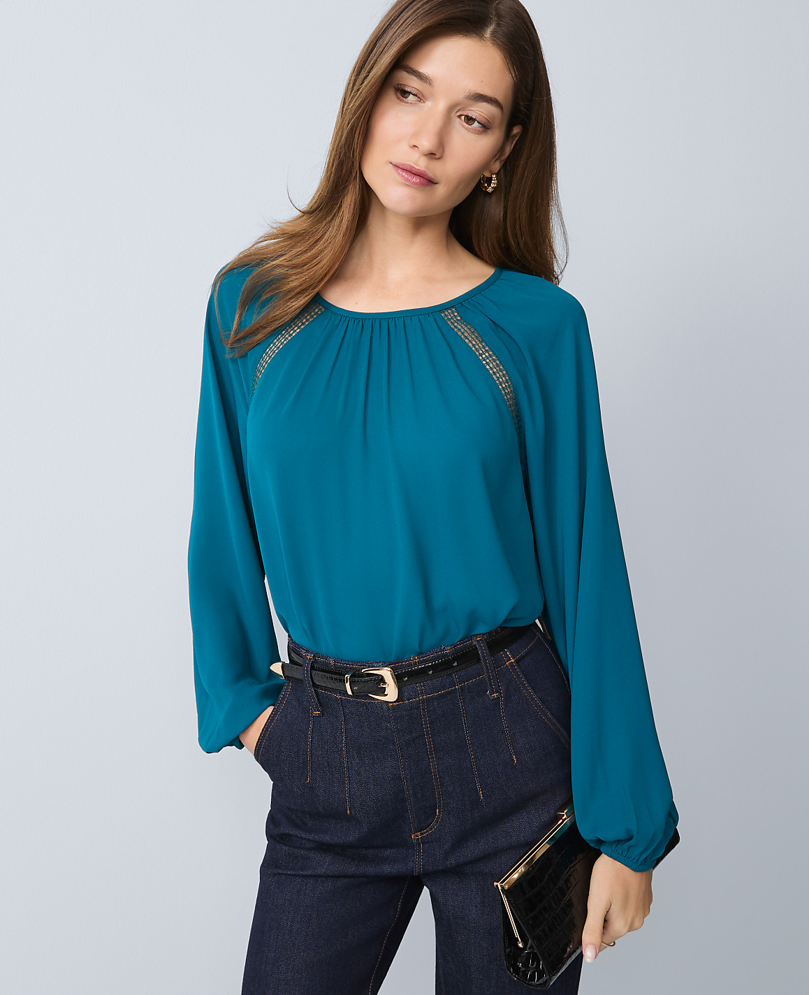 Petite Lace Trim Mixed Media Blouse