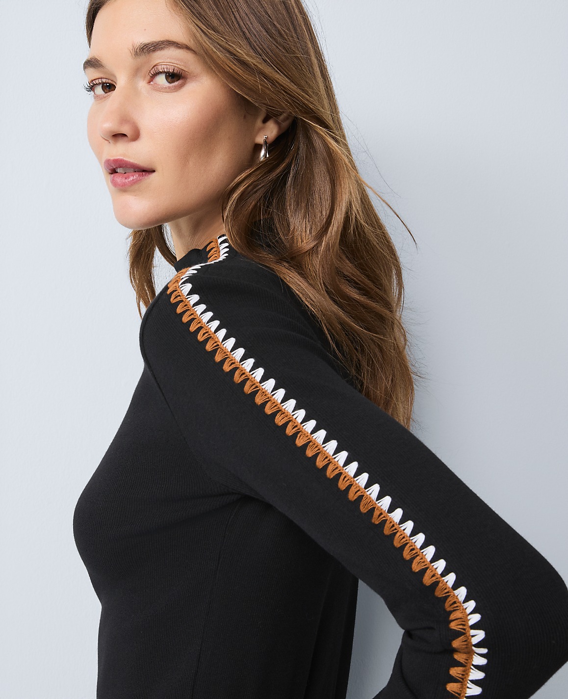 Petite Weekend Crochet Trim Mock Neck Top