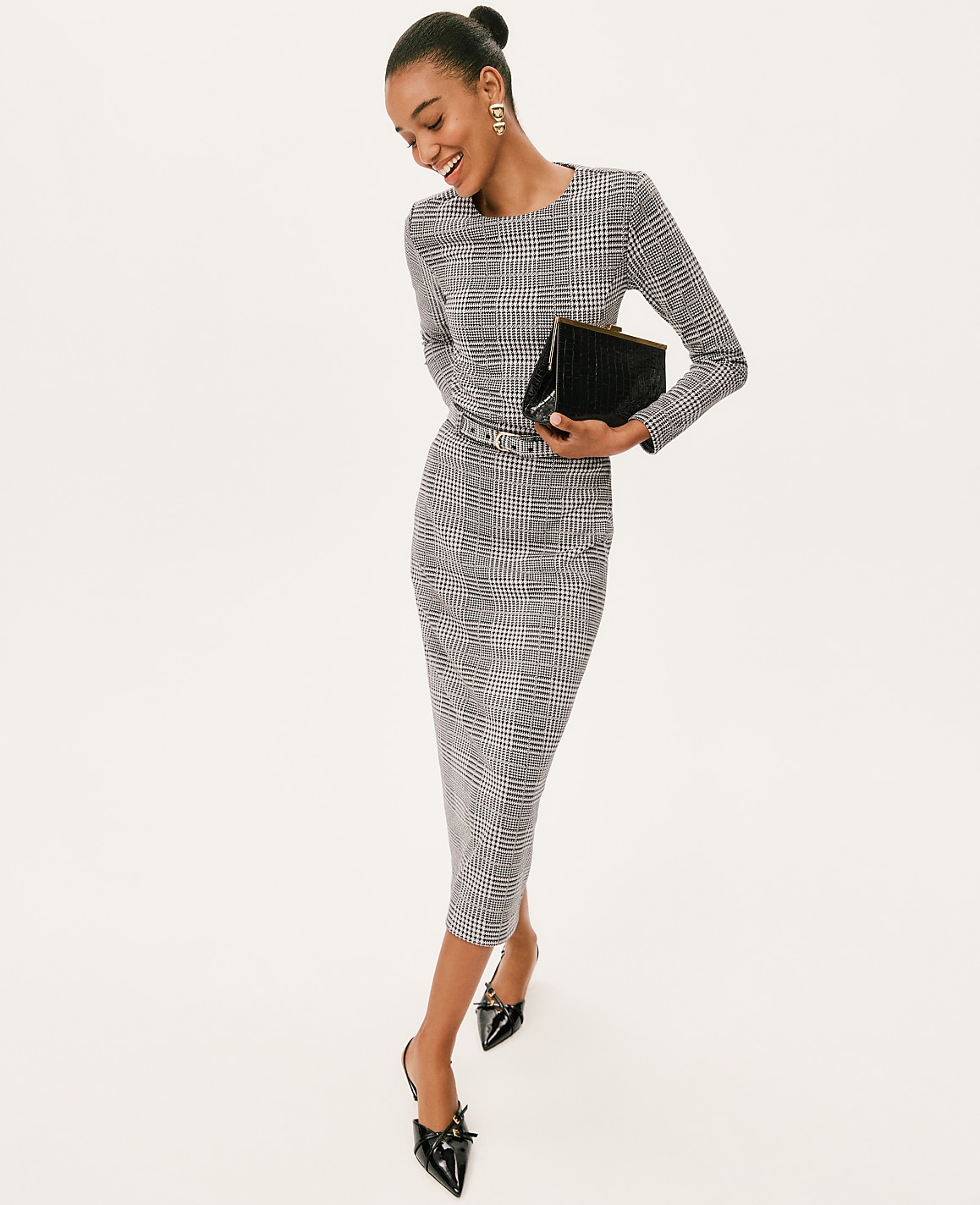 Petite Plaid Belted Midi Pencil Skirt