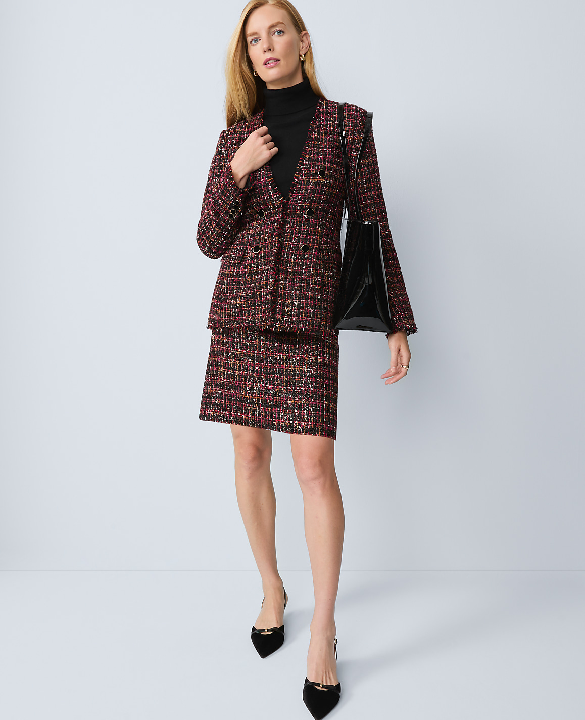 The Petite Long V-Neck Sequin Tweed Jacket