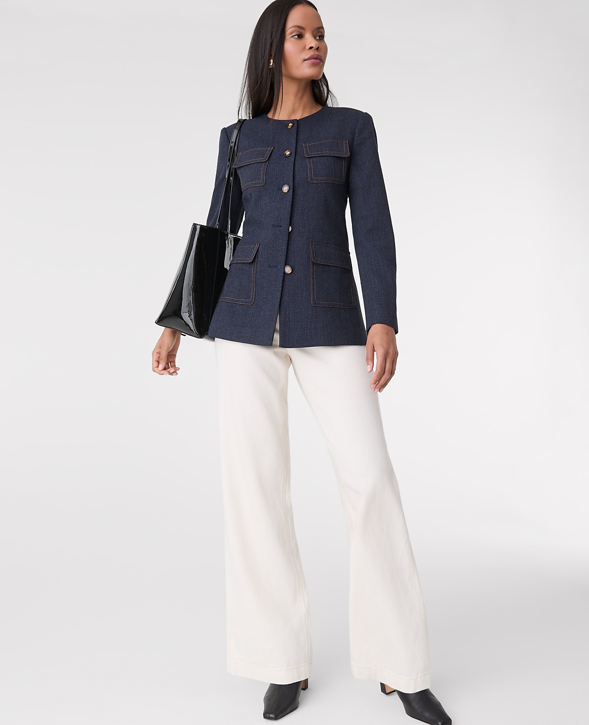 The Petite Long Crew Neck Jacket in Denim