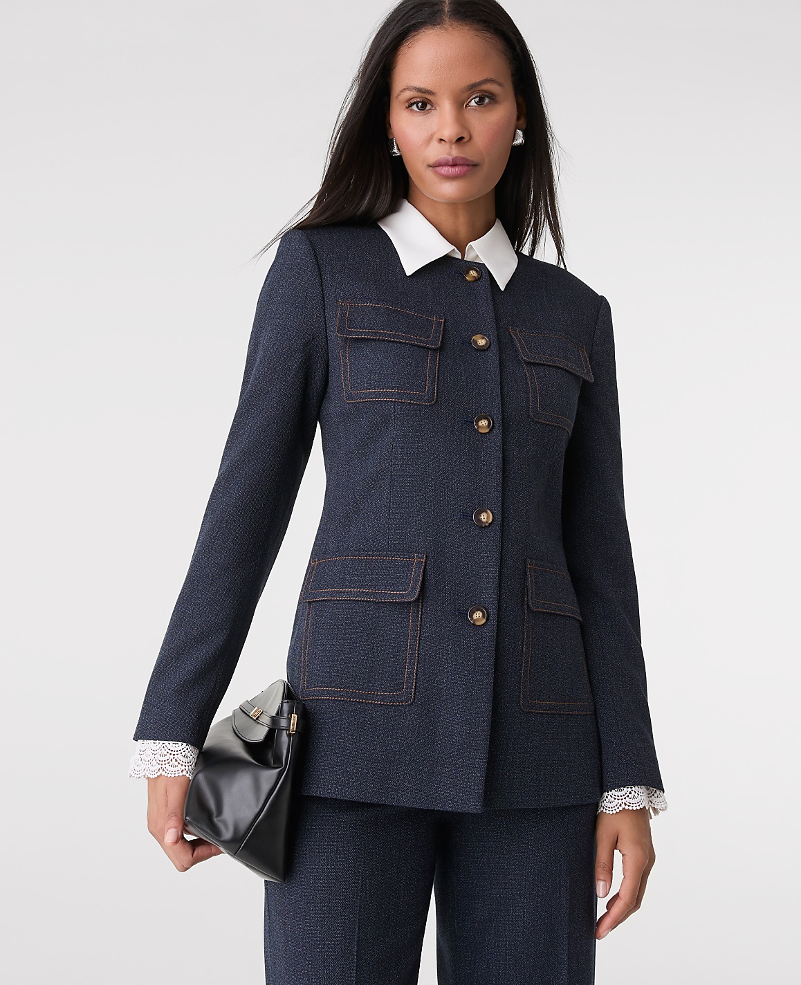 The Petite Long Crew Neck Jacket in Denim