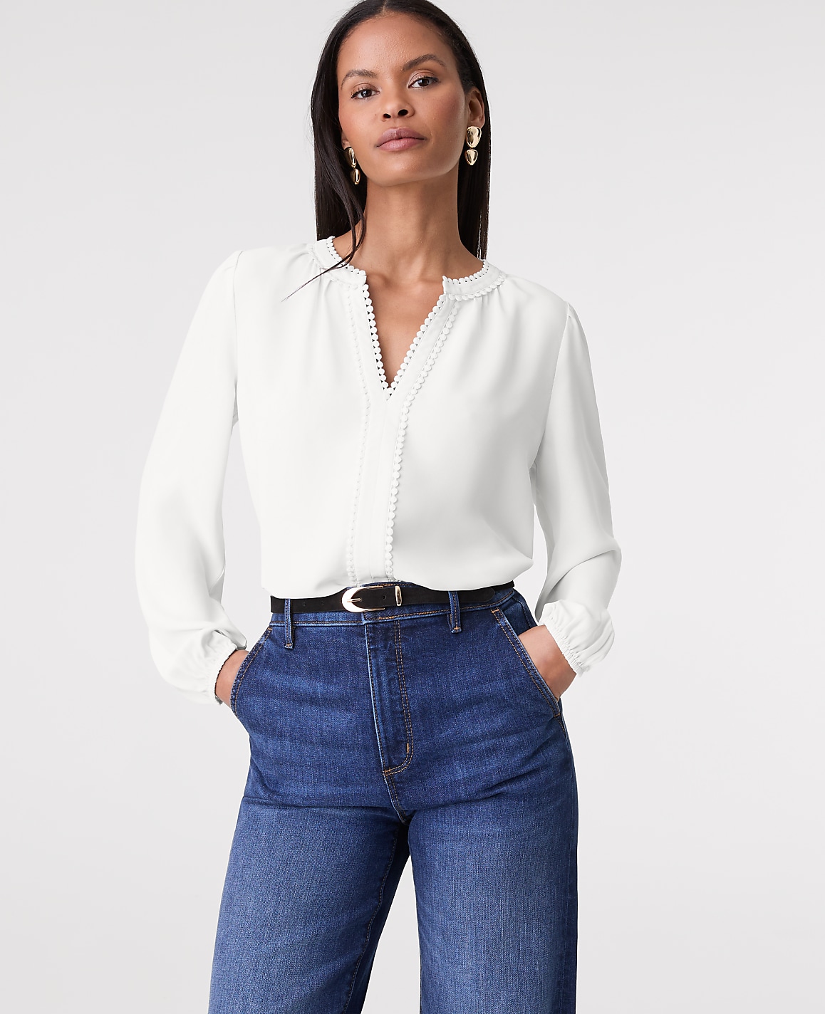 Petite Bobble Trim V-Neck Blouse