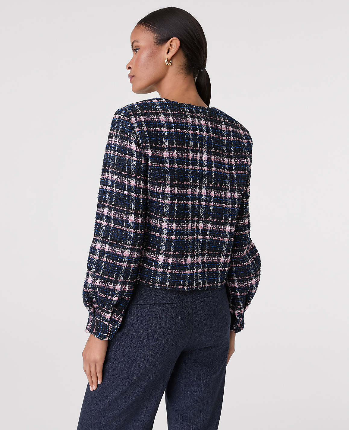 The Petite Crew Neck Jacket in Plaid Tweed
