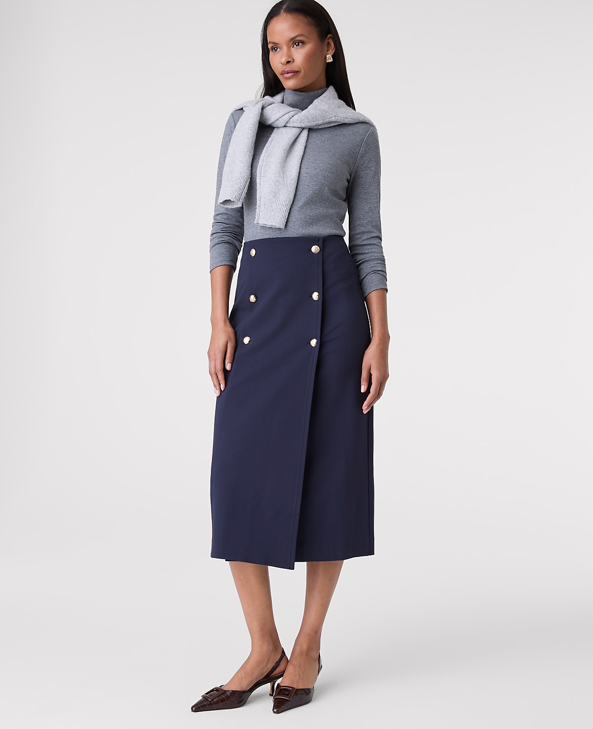 Ponte Button Wrap Midi Skirt