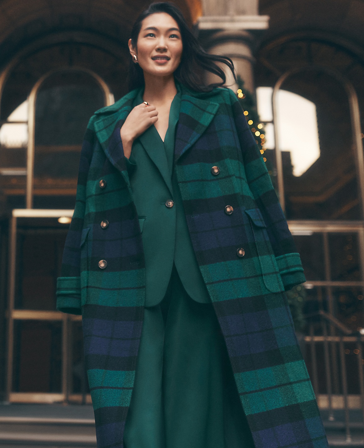 Petite Plaid Fitted Double Breasted Coat