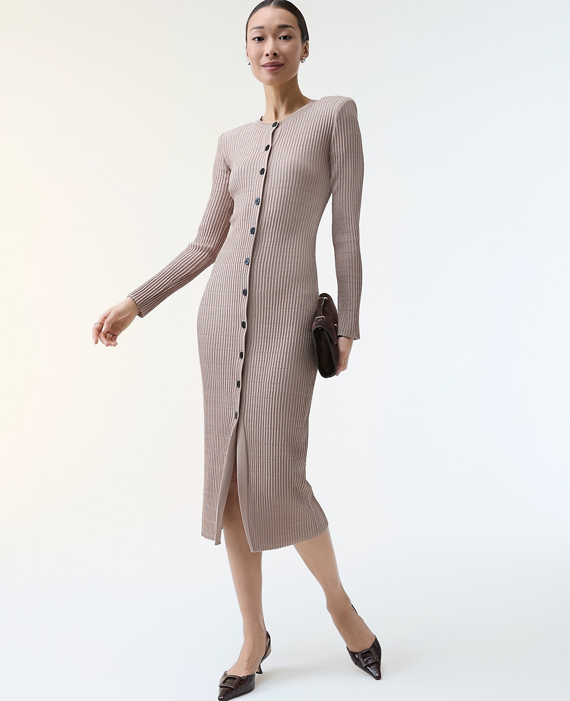 Petite Ribbed Button Sweater Dress