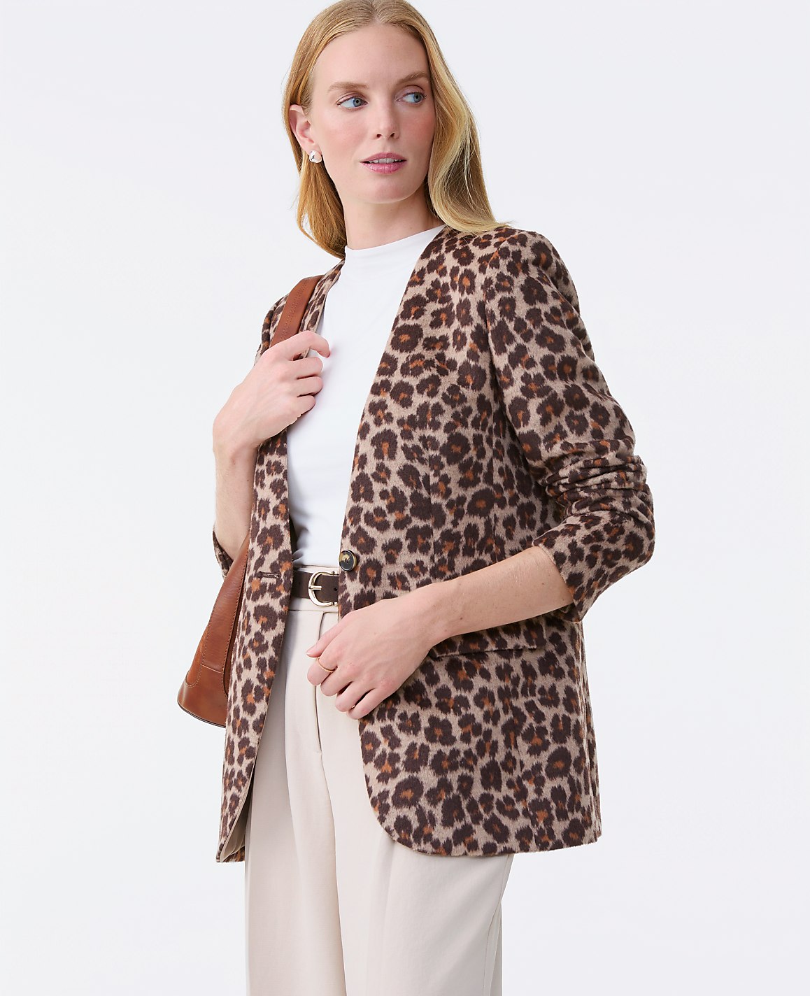 The Longline Collarless Blazer in Animal Print