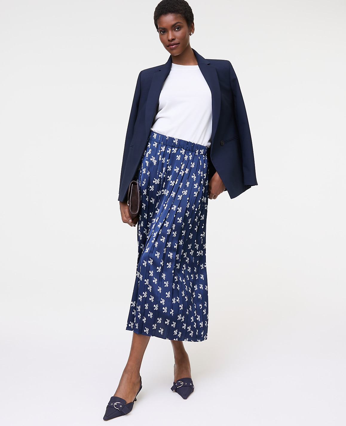 Floral Satin Pleated Midi Skirt