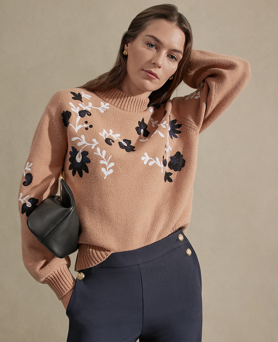 Embroidered Floral Mock Neck Sweater