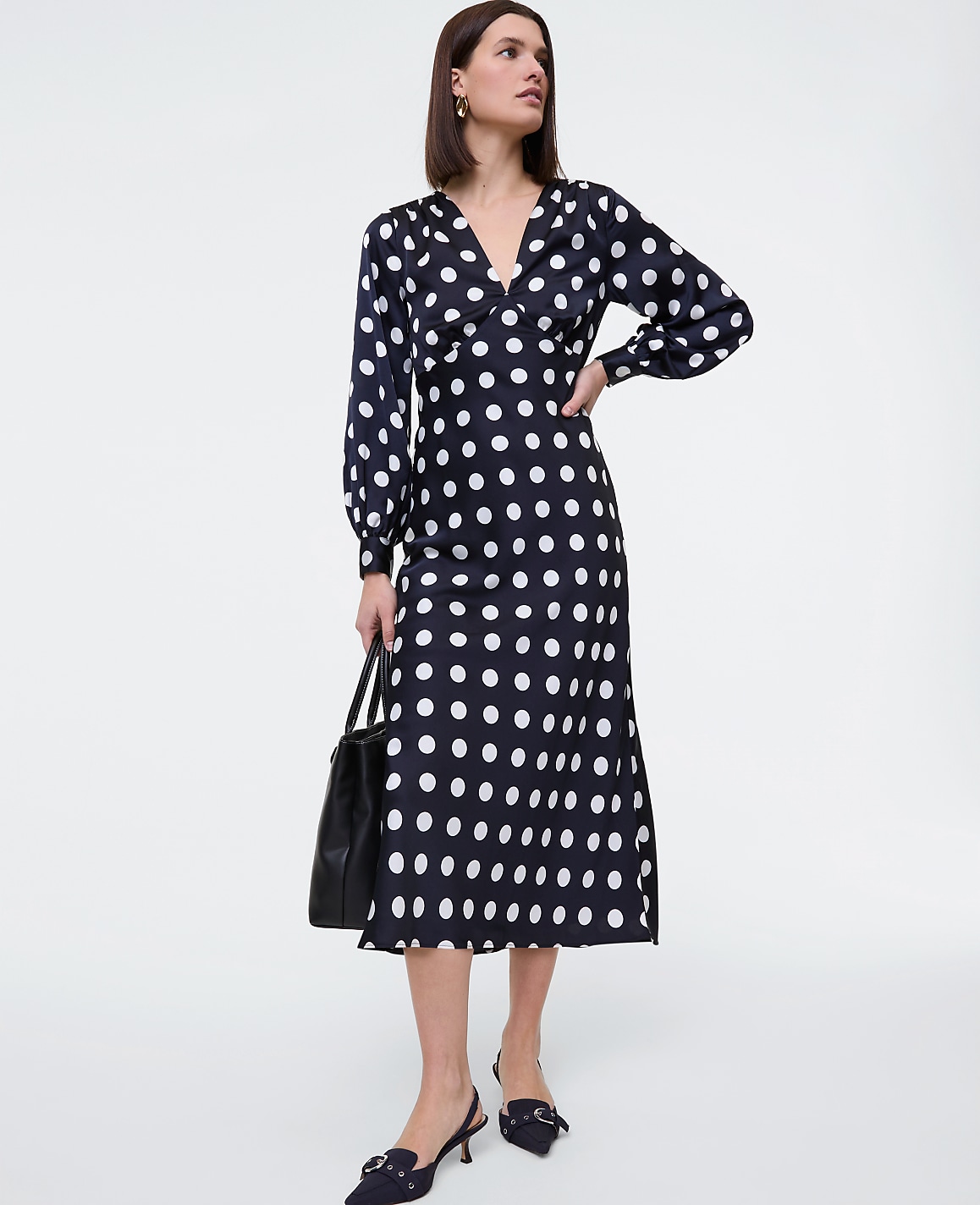 Petite Satin Dotted Midi Dress