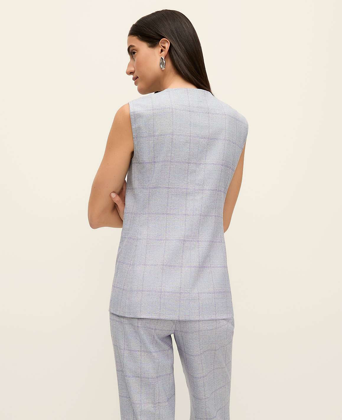 The Petite Long Crew Neck Vest in Plaid