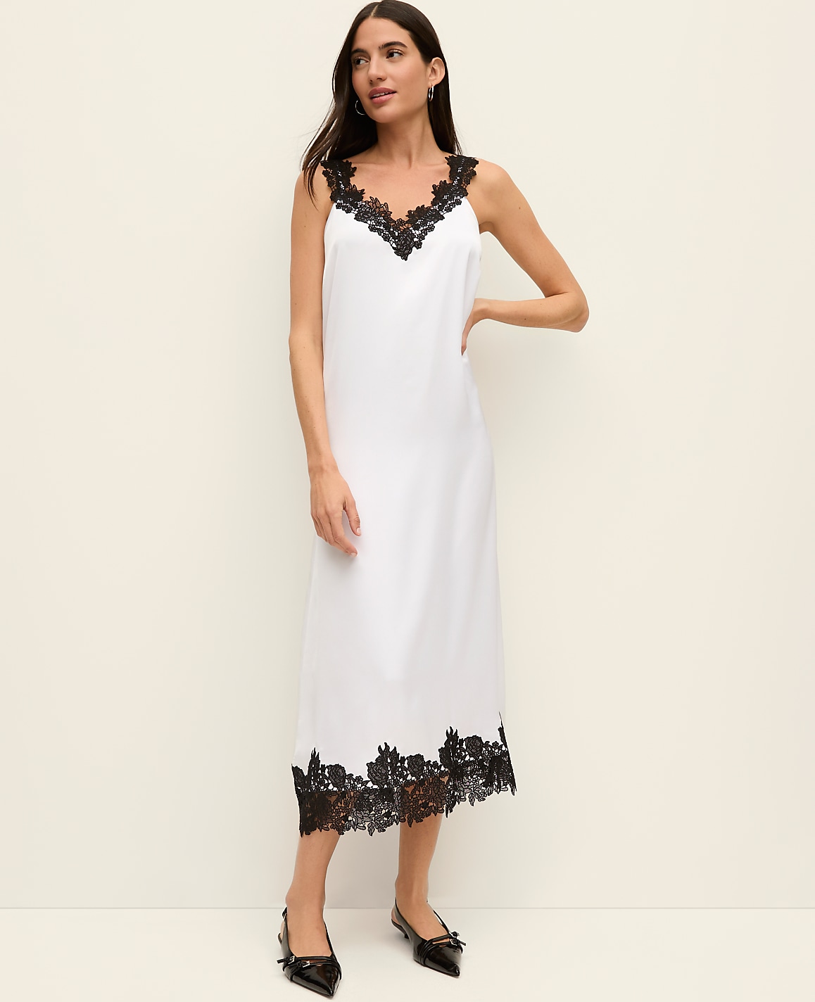 Lace Trim Satin Slip Midi Dress