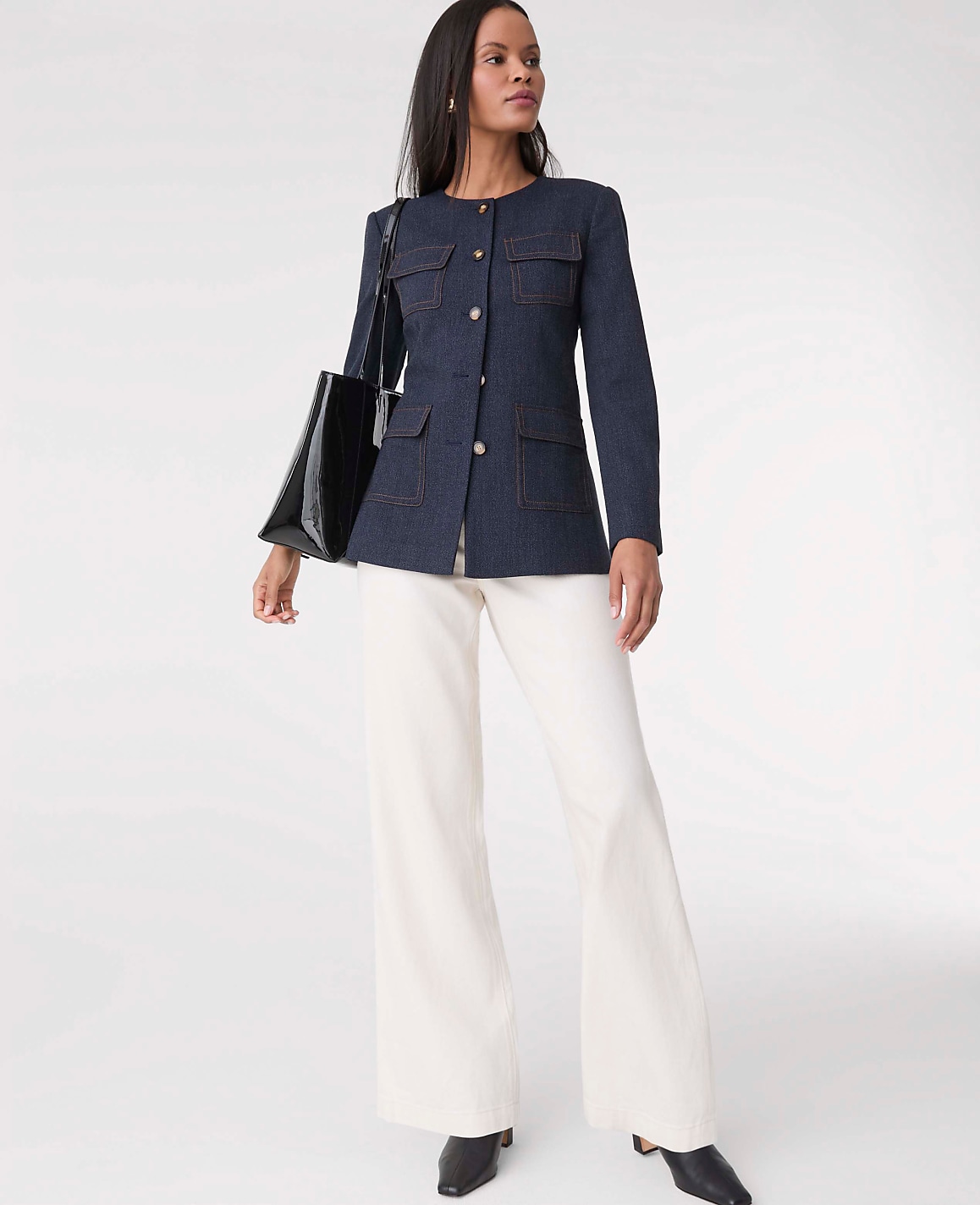The Petite Long Crew Neck Jacket in Denim