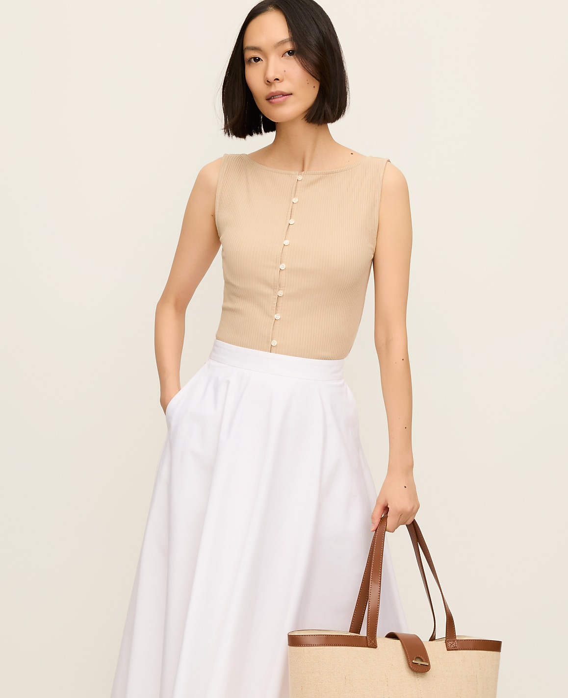 Petite Ribbed Sleeveless Button Top