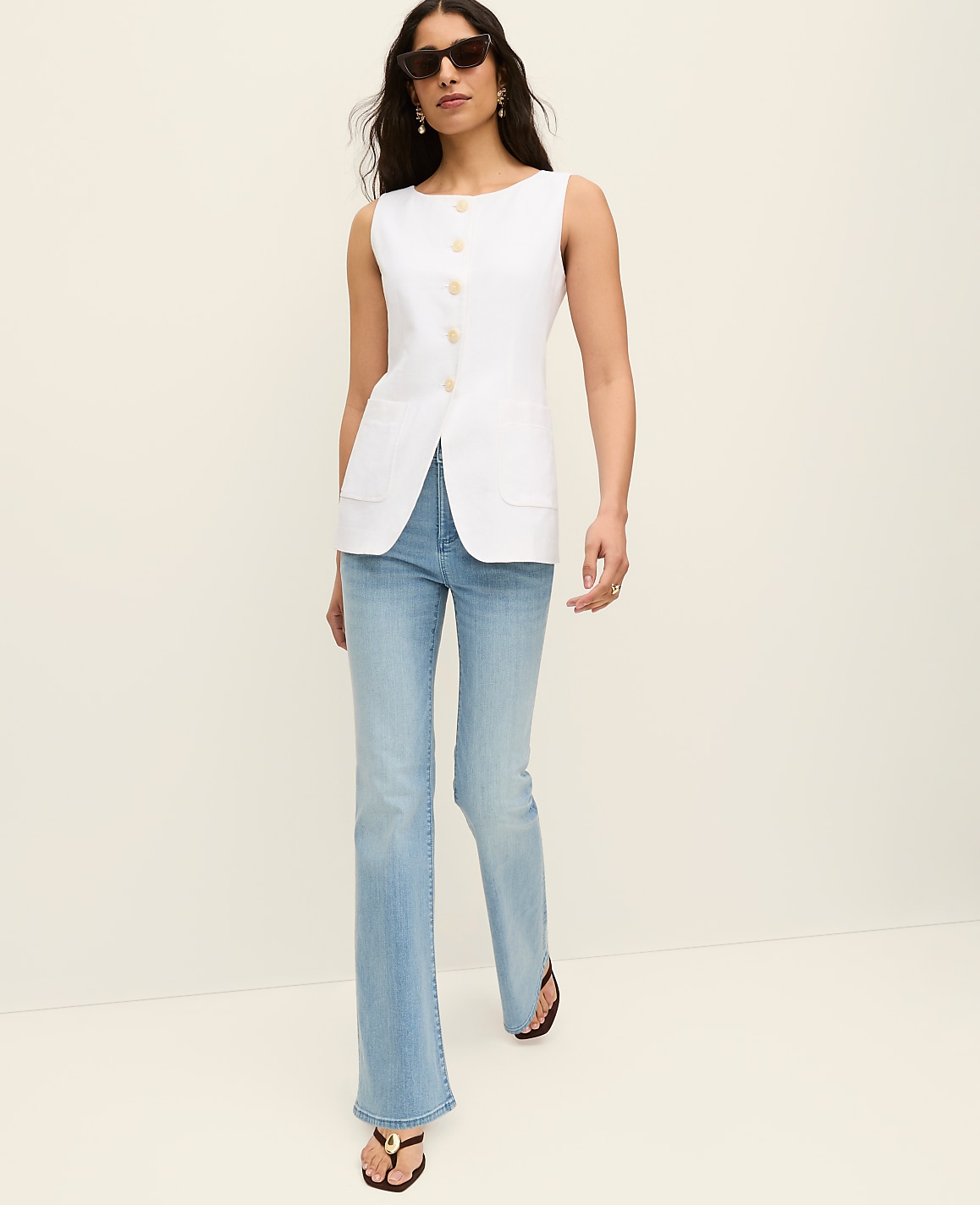 The Petite Long Crew Neck Vest in Linen Blend