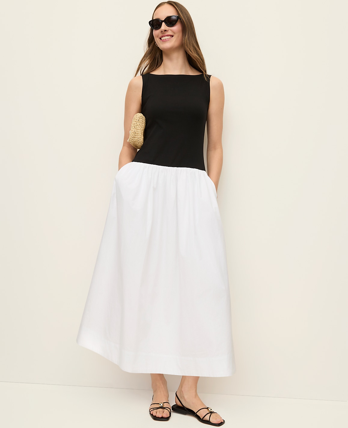 Petite Mixed Media Boatneck Midi Dress