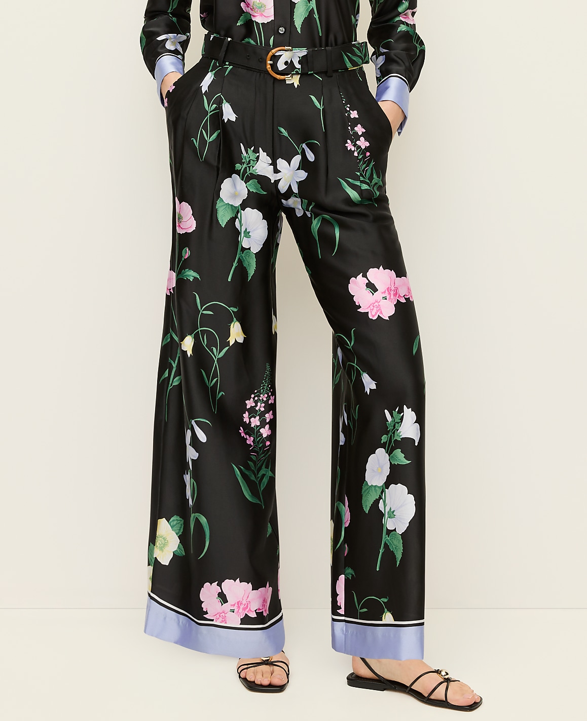 The Floral Pleated Wide-Leg Pant in Satin