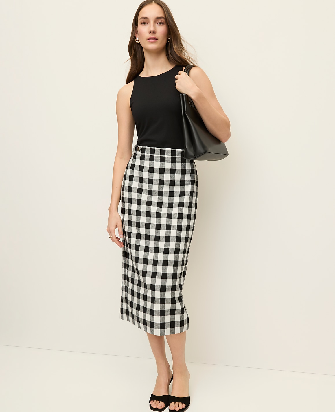 The Button Midi Skirt in Gingham Linen Blend