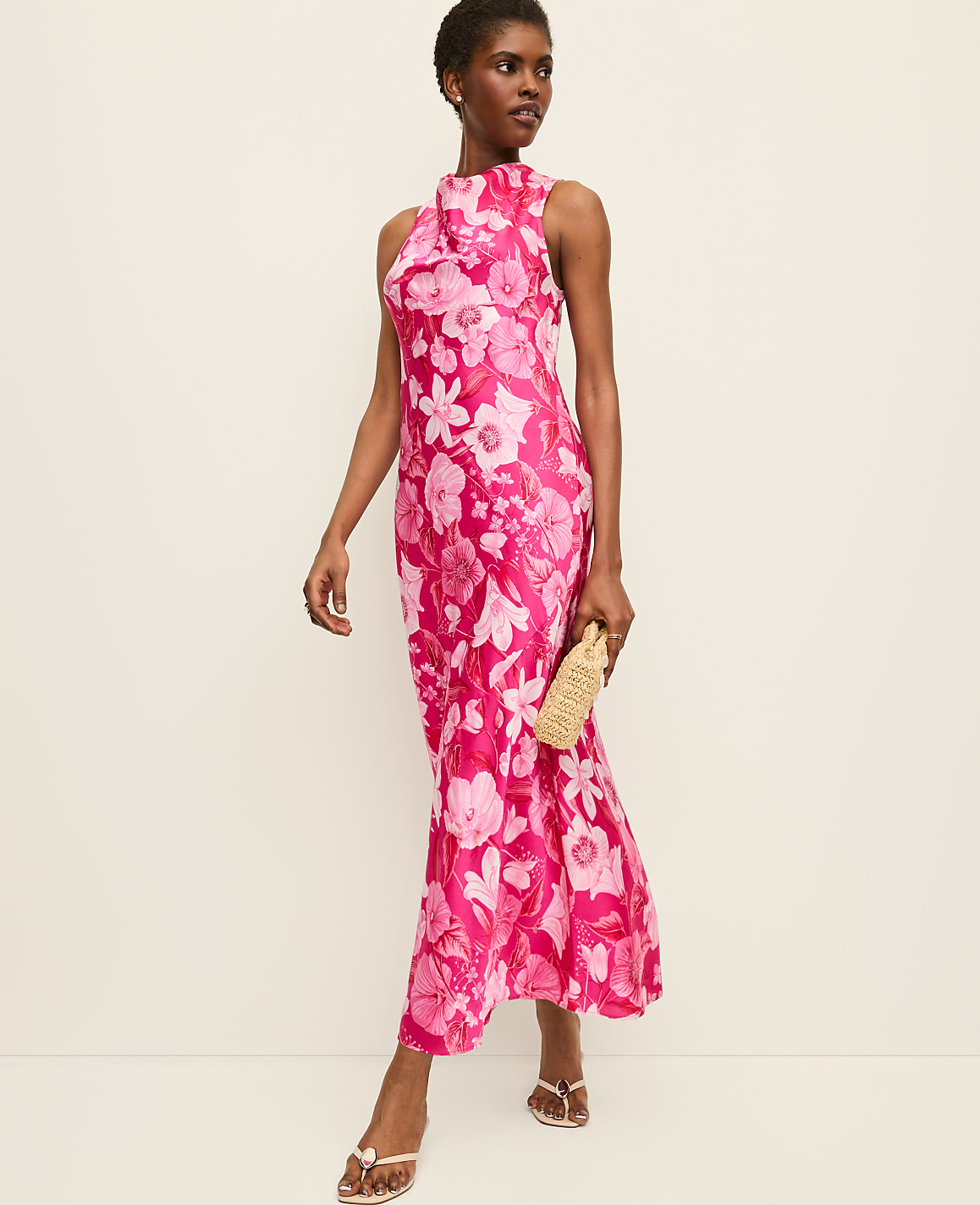 Floral Satin Halter Dress