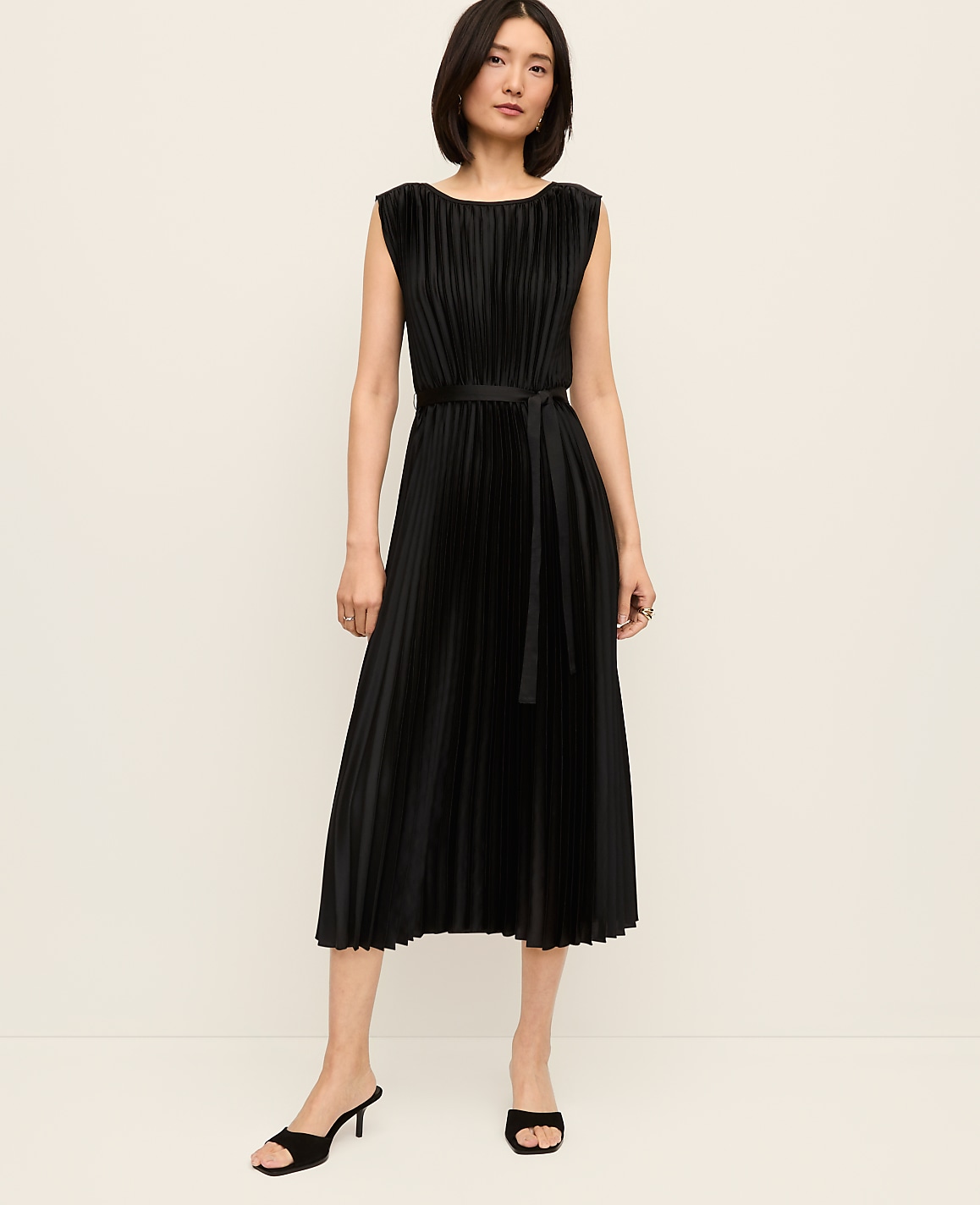 Pleated Satin Midi Dress