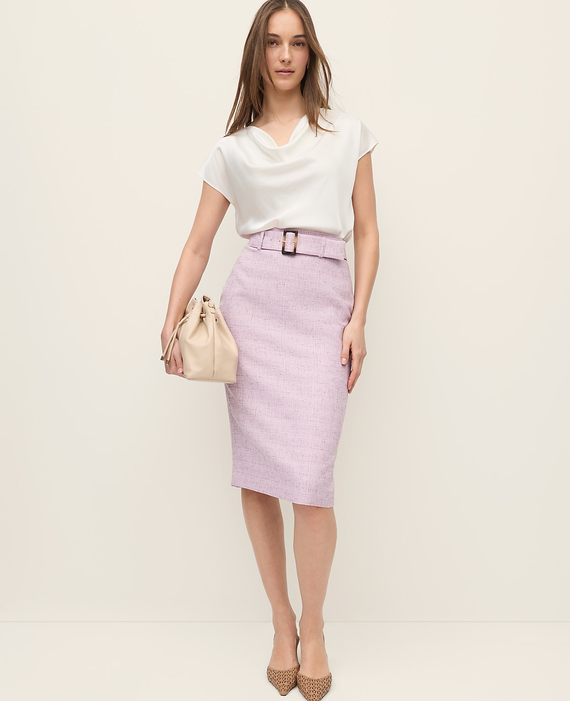 Petite Tweed Belted Pencil Skirt