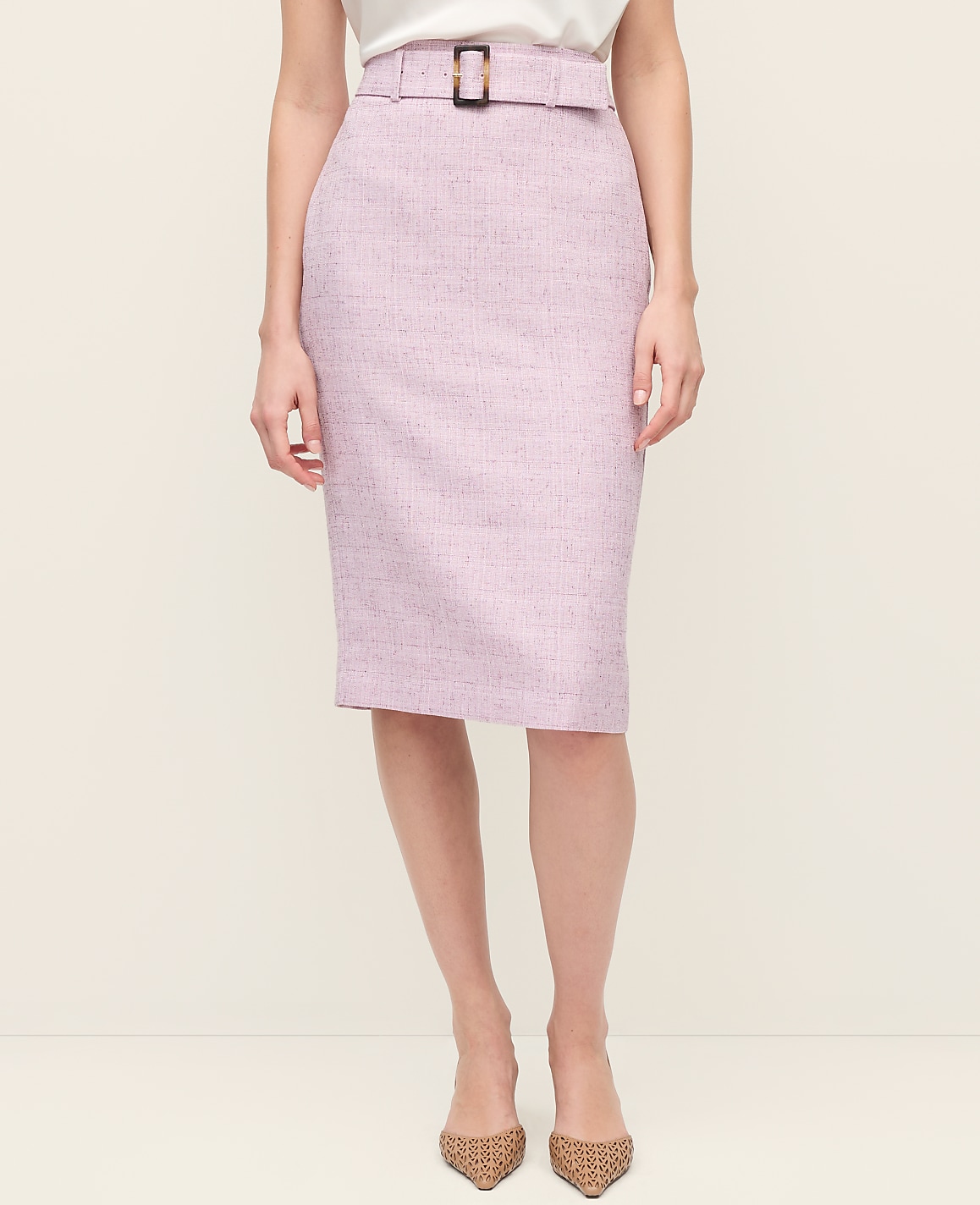 Petite Tweed Belted Pencil Skirt