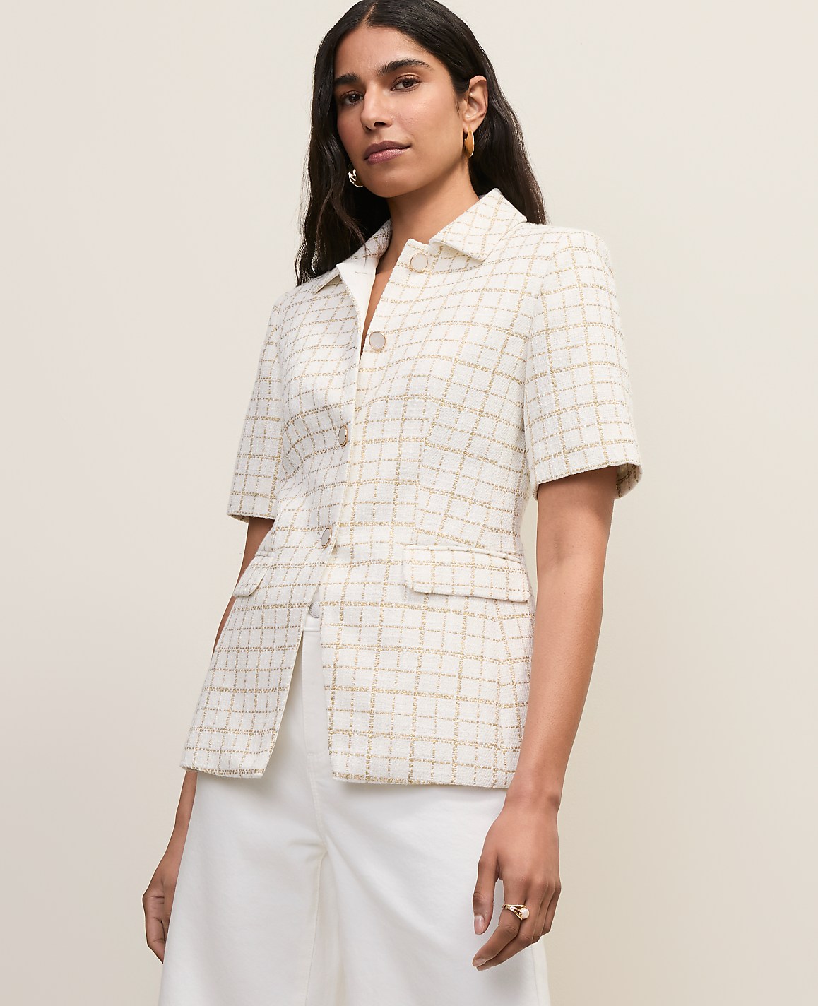 The Short Sleeve Cutaway Jacket in Metallic Tweed