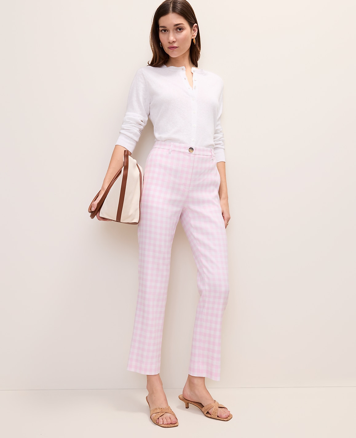 The Slim Crop Pant in Gingham Linen Blend